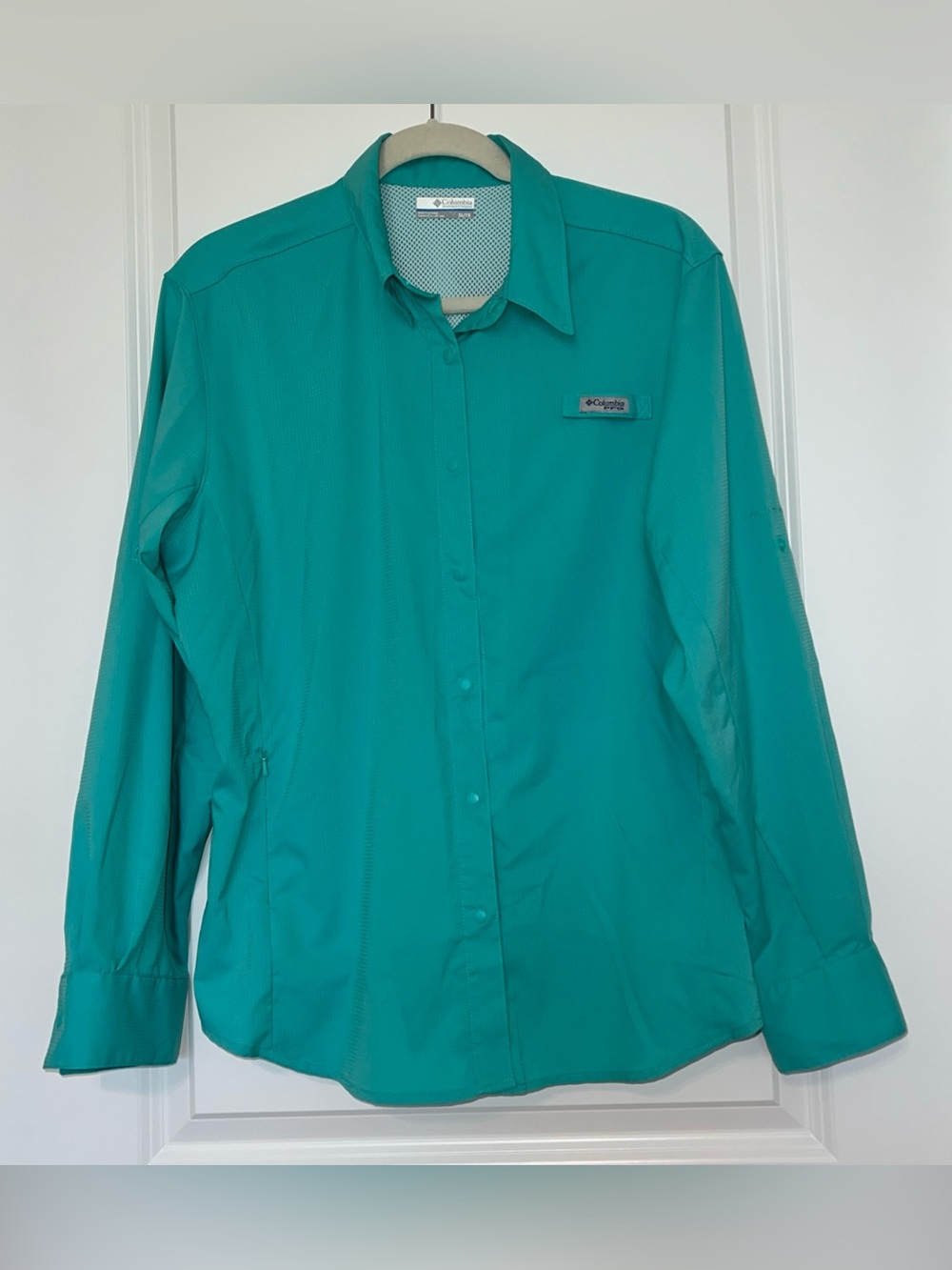 Columbia omni-shade women’s Teal Long-Sleeve snap Down PFG Shirt XL GREAT